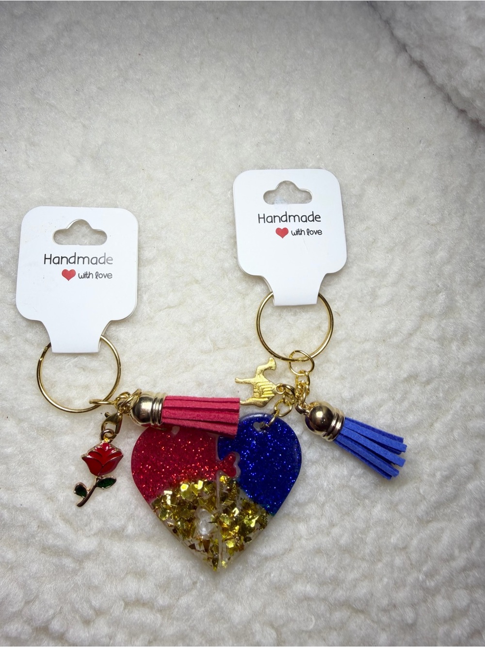 Handmade Red & Blue Glitter Heart Keychain with Tassels and Rose Charm